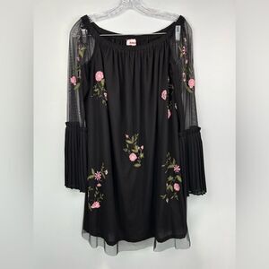 BONGO Floral Embroidered Mini Dress Sheer Overlay Lined Accordian Bell Sleeves L